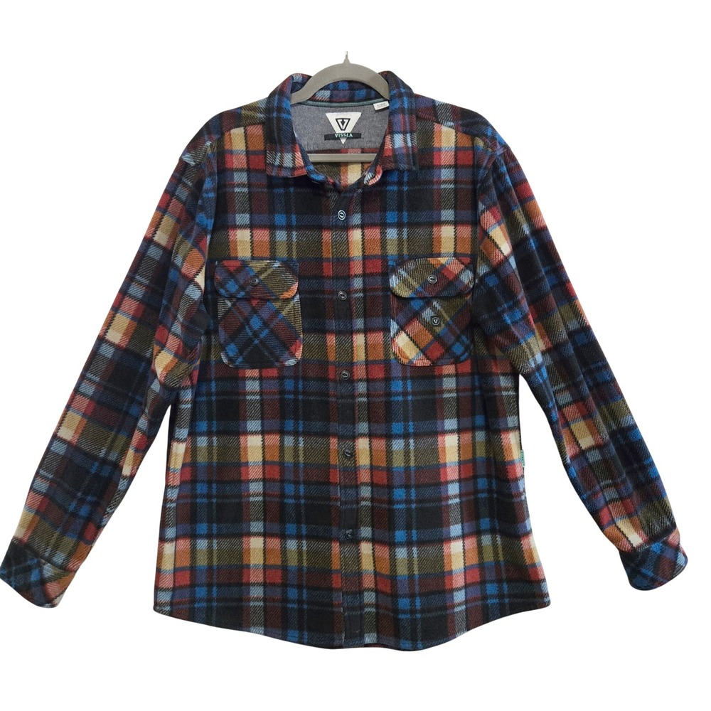 Vissla Mens XL Plaid Fleece Button Down Shirt Multi Color Recycled Polyester